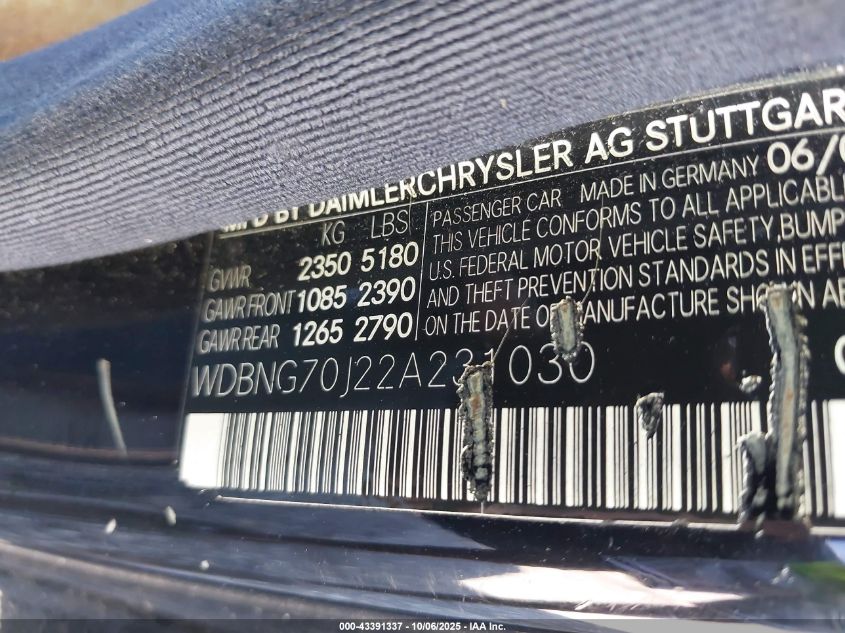 2002 Mercedes-Benz S 430 VIN: WDBNG70J22A231030 Lot: 43391337