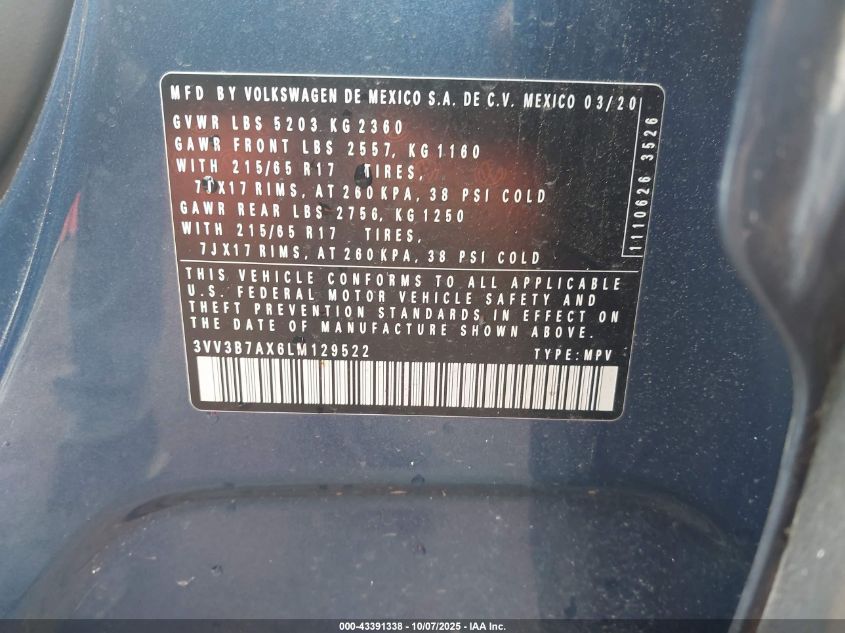 2020 Volkswagen Tiguan 2.0T Se/2.0T Se R-Line Black/2.0T Sel VIN: 3VV3B7AX6LM129522 Lot: 43391338