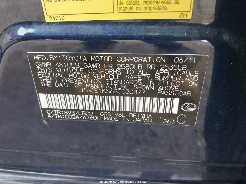 2011 Lexus Gs 350 VIN: JTHCE1KS6B0030477 Lot: 43391345