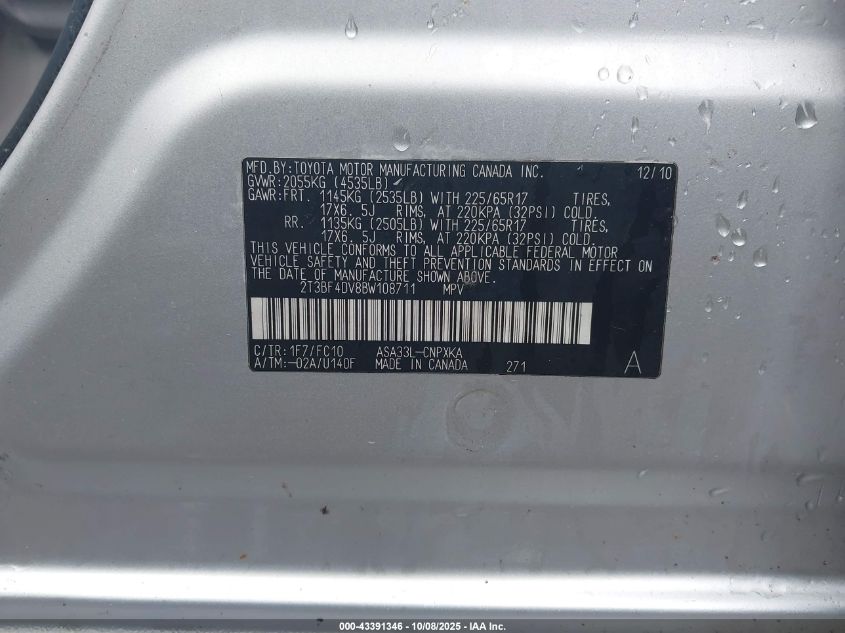 2011 Toyota Rav4 VIN: 2T3BF4DV8BW108711 Lot: 43391346