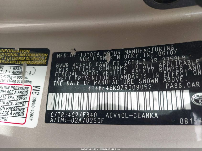 2007 Toyota Camry Le VIN: 4T4BE46K97R009052 Lot: 43391351