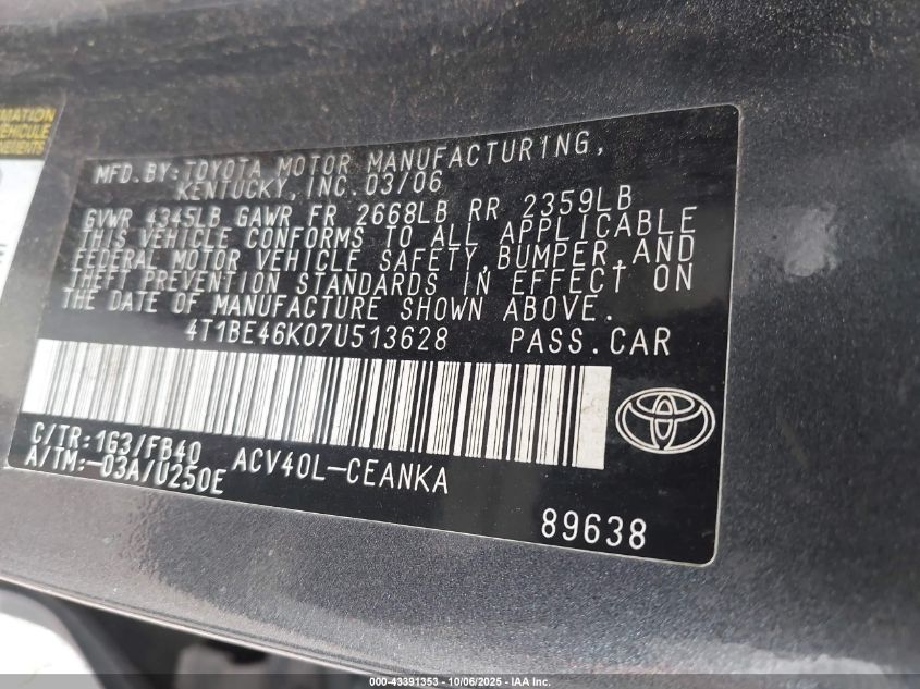 2007 Toyota Camry Le VIN: 4T1BE46K07U513628 Lot: 43391353