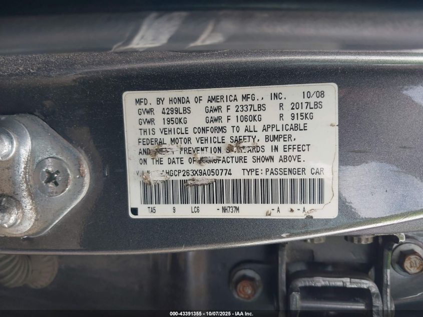 2009 Honda Accord 2.4 Lx VIN: 1HGCP263X9A050774 Lot: 43391355