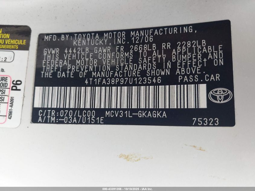 2007 Toyota Camry Solara Sle VIN: 4T1FA38P97U123546 Lot: 43391356