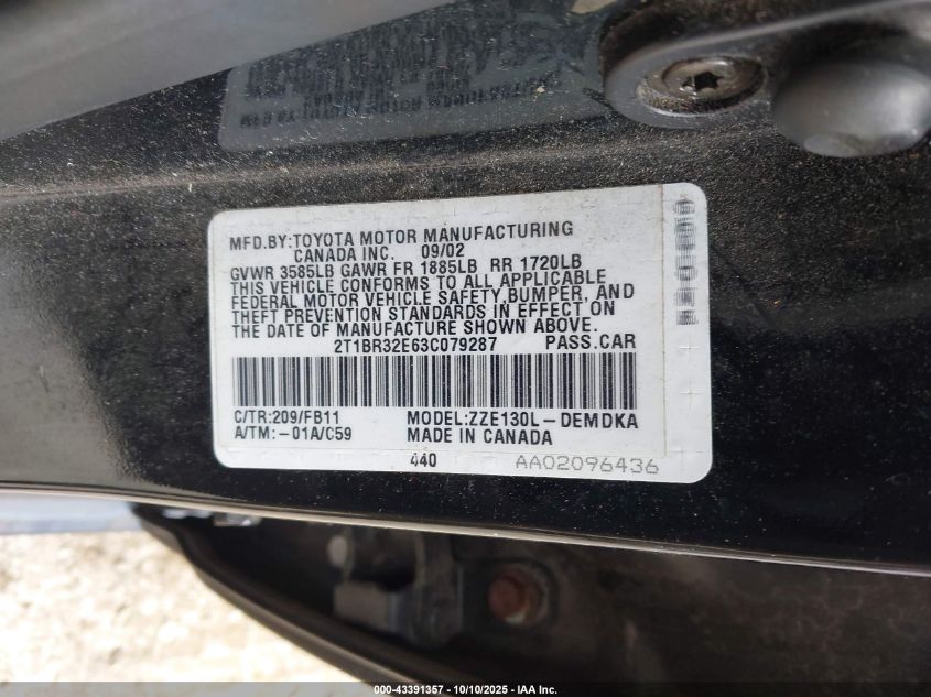 2003 Toyota Corolla Ce VIN: 2T1BR32E63C079287 Lot: 43391357