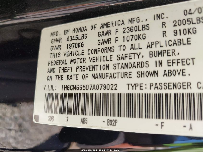 2007 Honda Accord 3.0 Ex VIN: 1HGCM66507A079022 Lot: 43391365