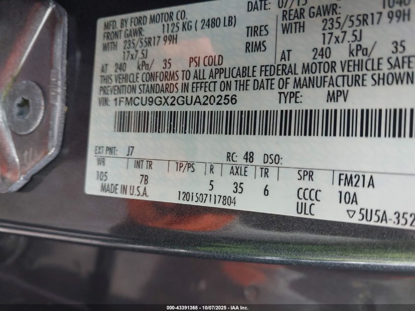 2016 Ford Escape Se VIN: 1FMCU9GX2GUA20256 Lot: 43391368