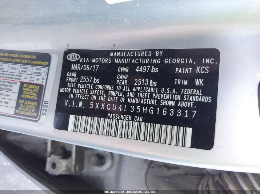 2017 Kia Optima Ex VIN: 5XXGU4L35HG163317 Lot: 43391382