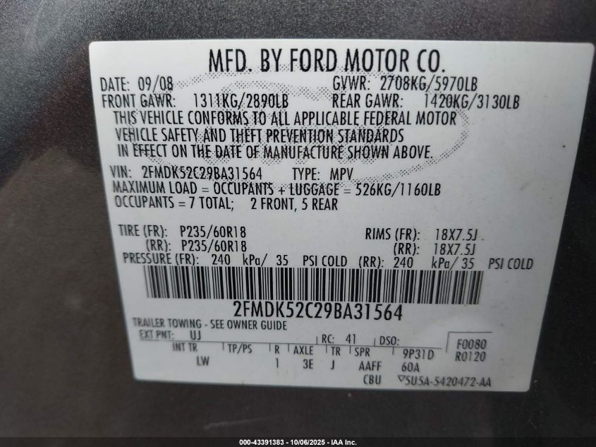 2009 Ford Flex Sel VIN: 2FMDK52C29BA31564 Lot: 43391383