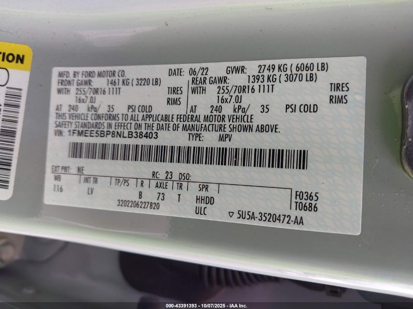 2022 Ford Bronco VIN: 1FMEE5BP8NLB38403 Lot: 43391393