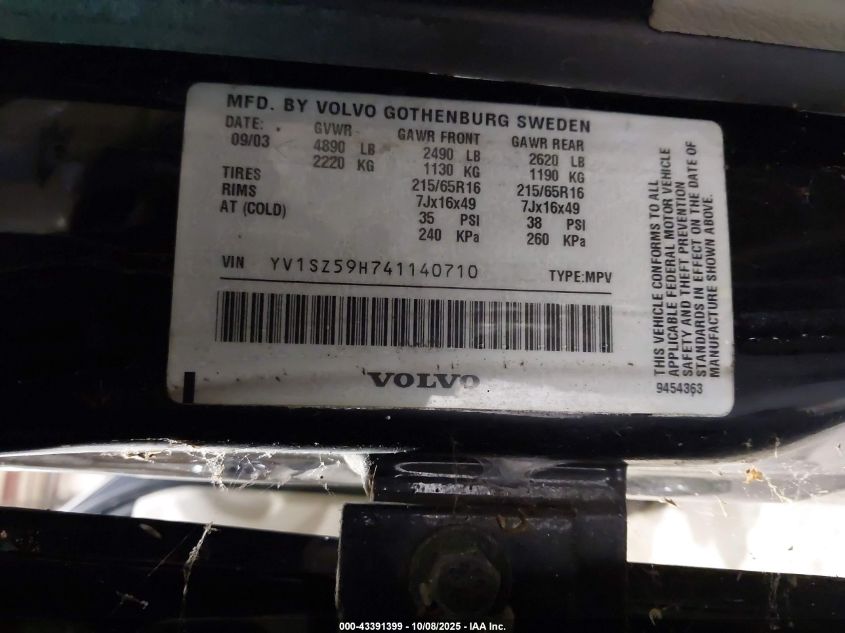 2004 Volvo Xc70 VIN: YV1SZ59H741140710 Lot: 43391399