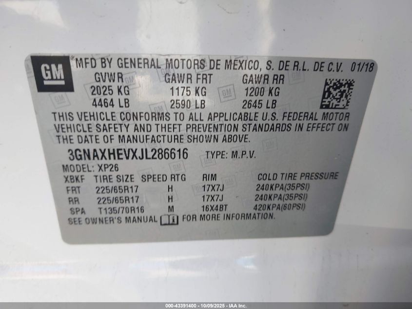 2018 Chevrolet Equinox Ls VIN: 3GNAXHEVXJL286616 Lot: 43391400