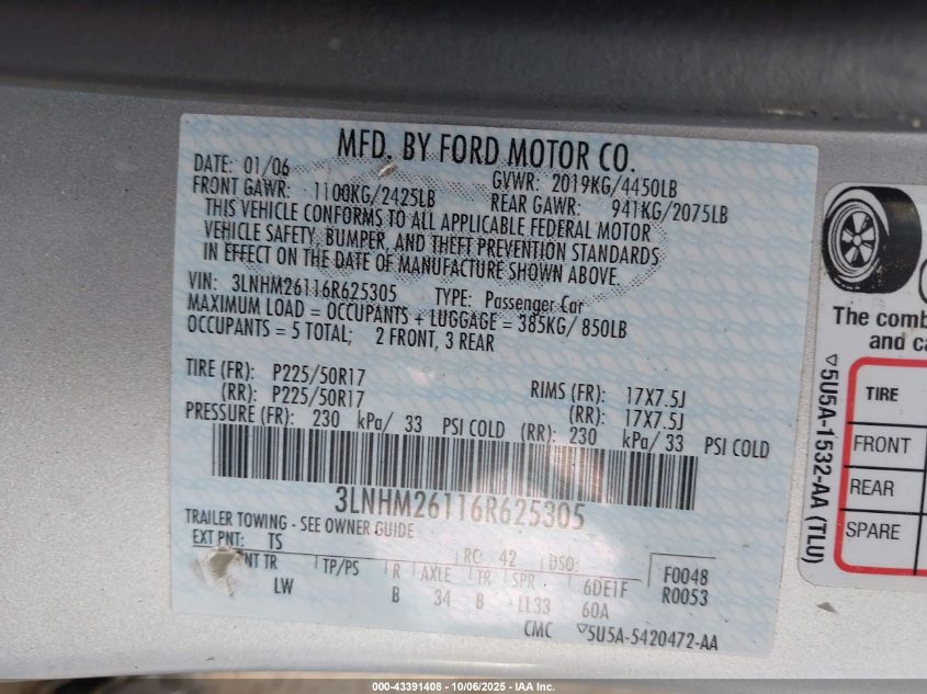 2006 Lincoln Zephyr VIN: 3LNHM26116R625305 Lot: 43391408