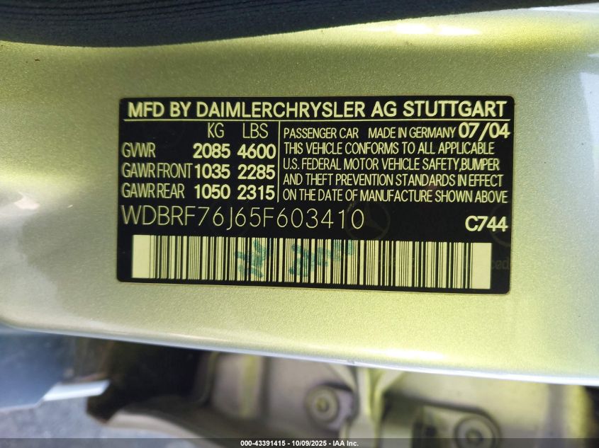 2005 Mercedes-Benz C 55 Amg VIN: WDBRF76J65F603410 Lot: 43391415