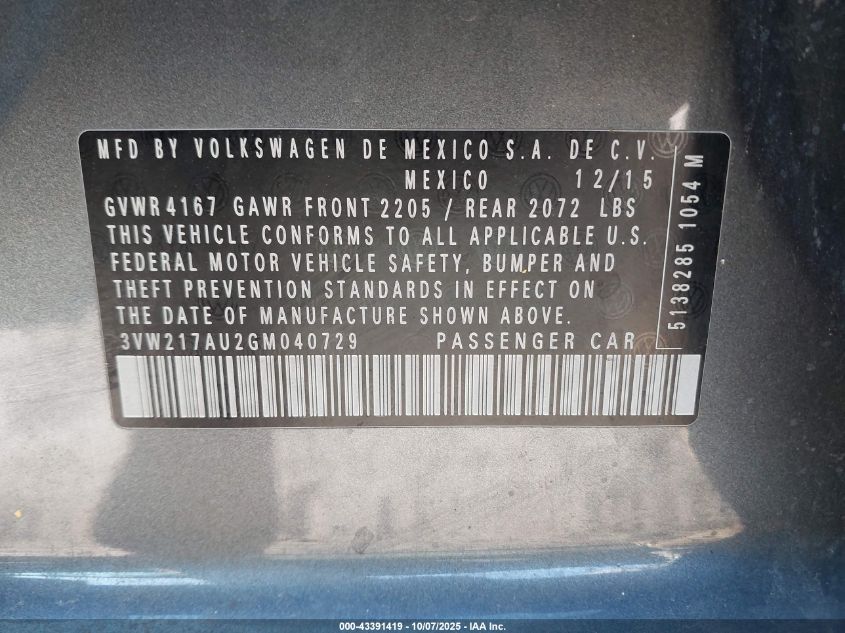 2016 Volkswagen Golf Tsi S 4-Door VIN: 3VW217AU2GM040729 Lot: 43391419