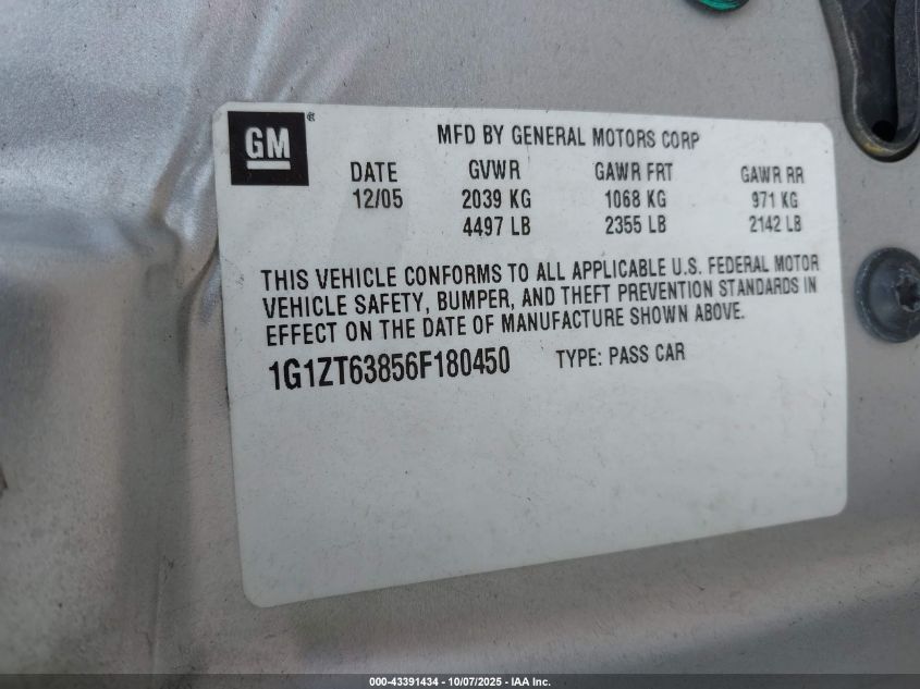 2006 Chevrolet Malibu Maxx Lt VIN: 1G1ZT63856F180450 Lot: 43391434