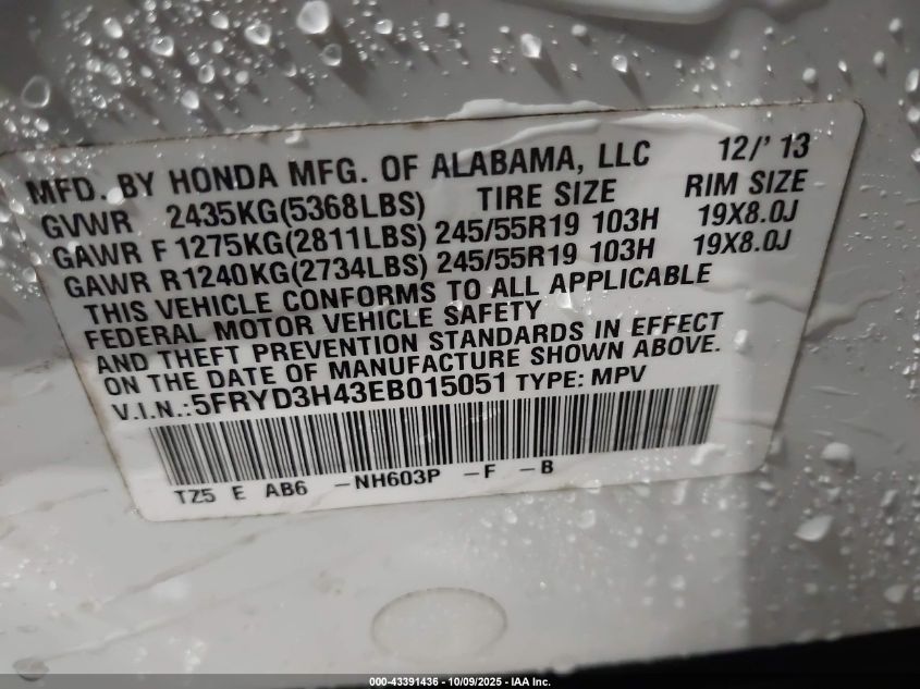 2014 Acura Mdx Technology Package VIN: 5FRYD3H43EB015051 Lot: 43391436