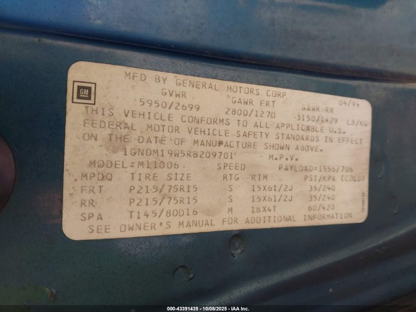 1994 Chevrolet Astro VIN: 1GNDM19W5RB209701 Lot: 43391439