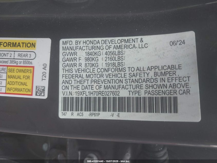 2024 Honda Civic Ex-L VIN: 19XFL1H70RE027602 Lot: 43391440