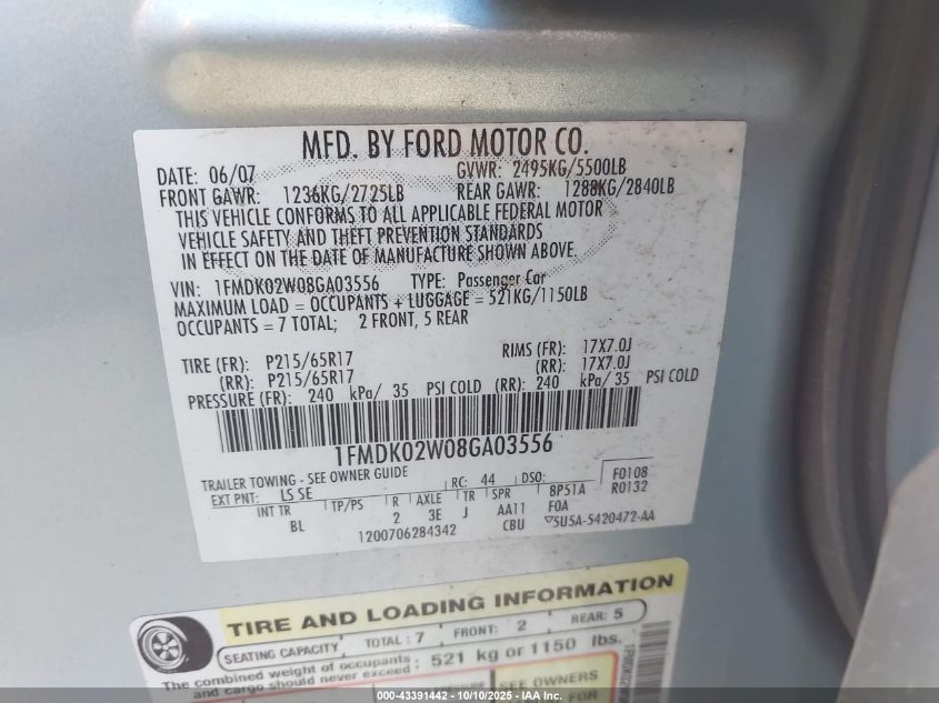 2008 Ford Taurus X Sel VIN: 1FMDK02W08GA03556 Lot: 43391442