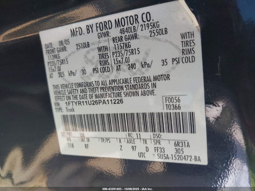 2006 Ford Ranger Sport/Xl/Xlt VIN: 1FTYR11U26PA11226 Lot: 43391453