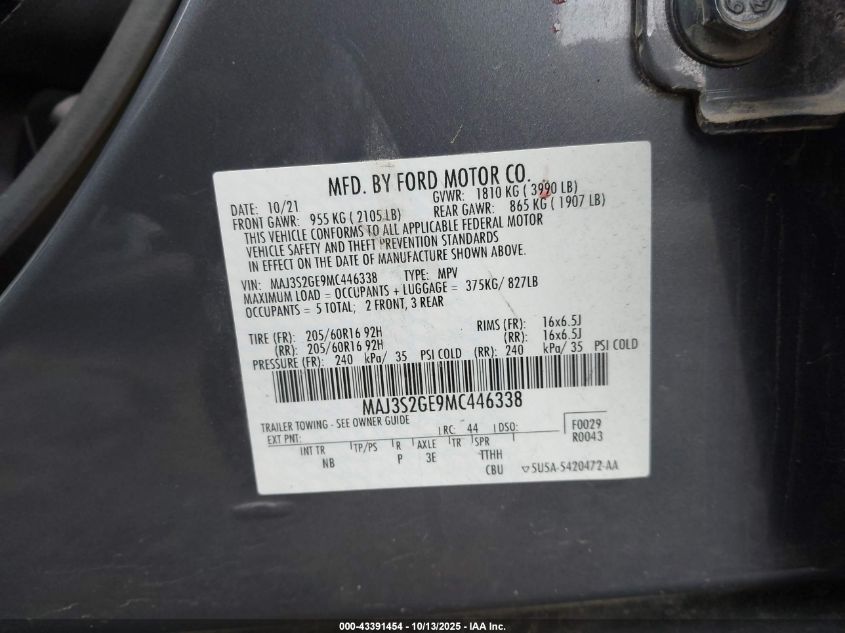 2021 Ford Ecosport Se VIN: MAJ3S2GE9MC446338 Lot: 43391454