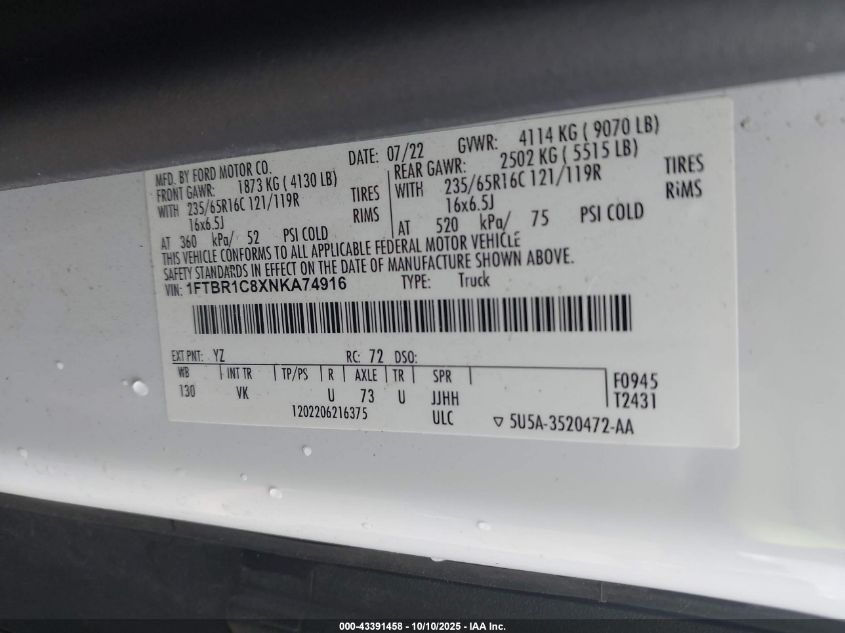 2022 Ford Transit-250 VIN: 1FTBR1C8XNKA74916 Lot: 43391458