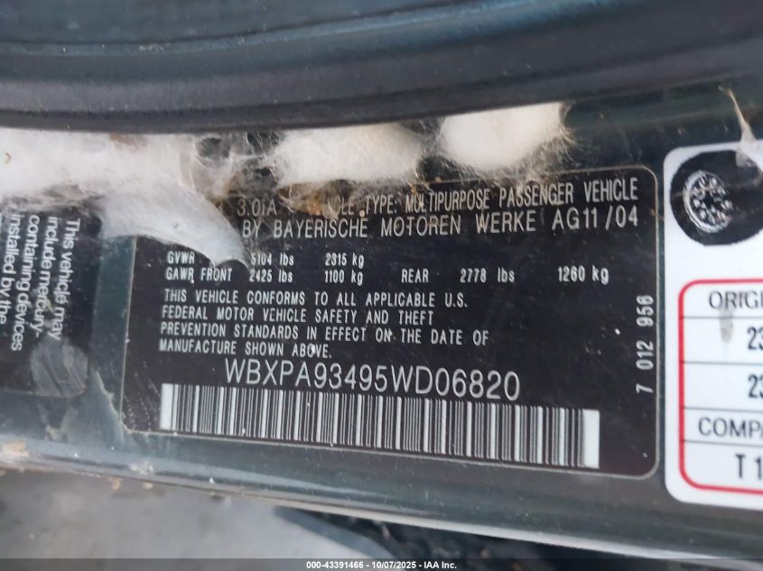 2005 BMW X3 3.0I VIN: WBXPA93495WD06820 Lot: 43391466