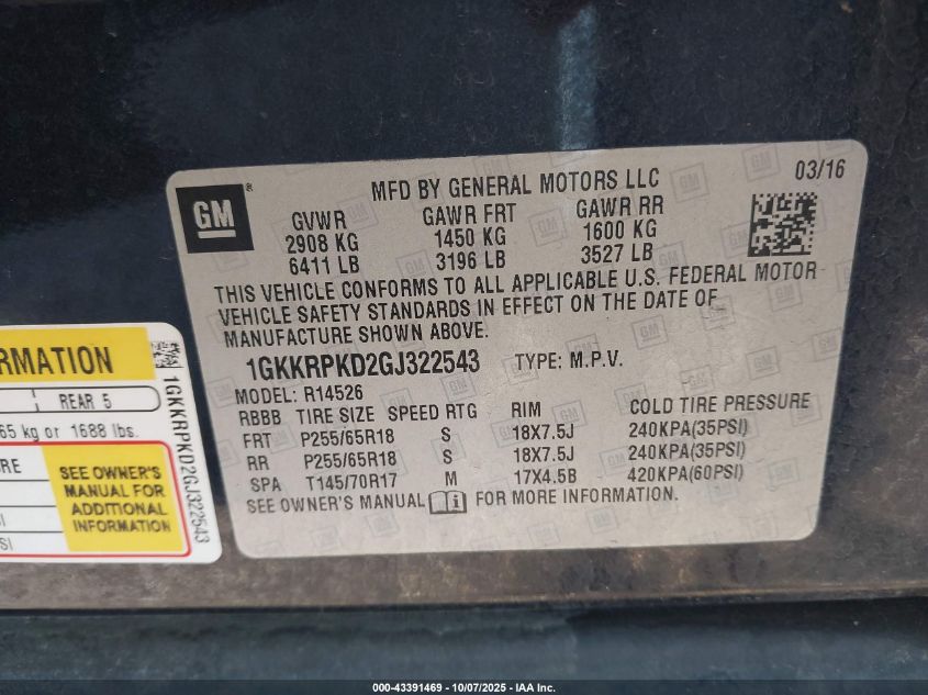 2016 GMC Acadia Sle-2 VIN: 1GKKRPKD2GJ322543 Lot: 43391469
