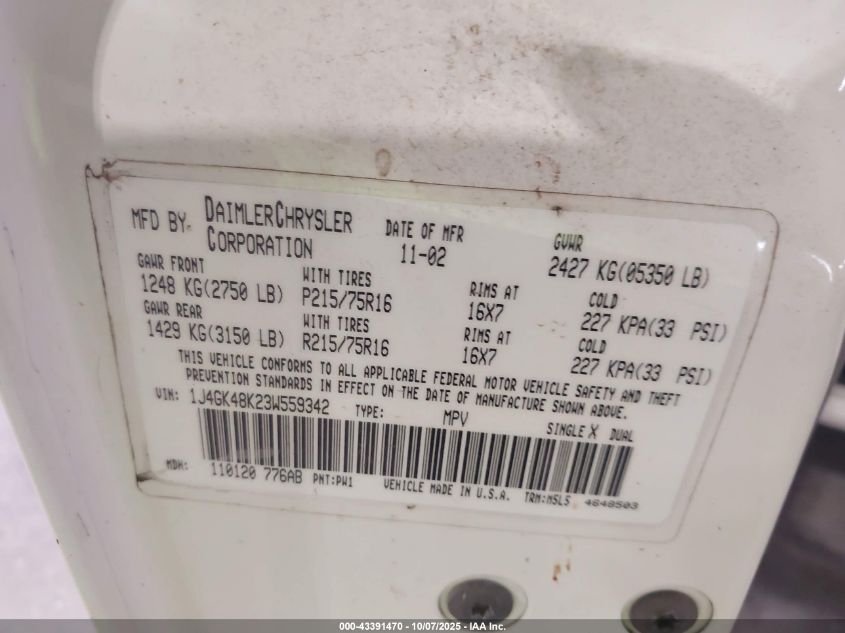 2003 Jeep Liberty Sport VIN: 1J4GK48K23W559342 Lot: 43391470