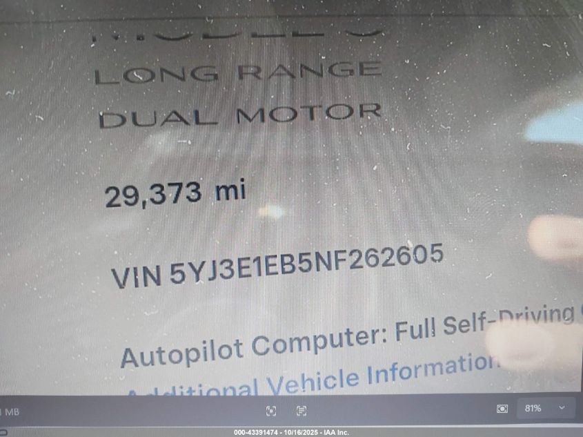 2022 Tesla Model 3 Long Range Dual Motor All-Wheel Drive VIN: 5YJ3E1EB5NF262605 Lot: 43391474