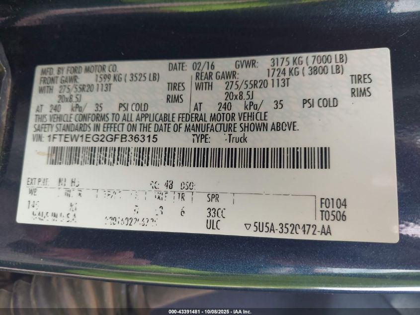 2016 Ford F-150 King Ranch VIN: 1FTEW1EG2GFB36315 Lot: 43391481