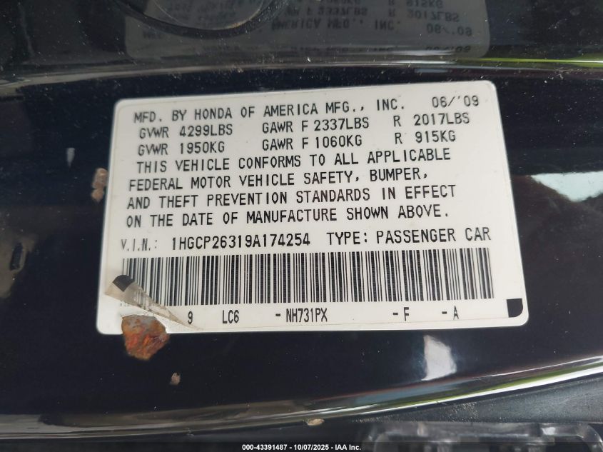 2009 Honda Accord 2.4 Lx VIN: 1HGCP26319A174254 Lot: 43391487
