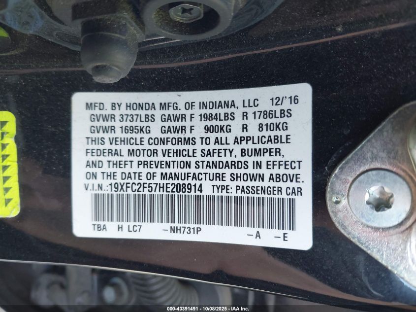 2017 Honda Civic Lx VIN: 19XFC2F57HE208914 Lot: 43391491