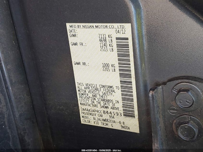 2012 Nissan Maxima 3.5 Sv VIN: 1N4AA5AP4CC844593 Lot: 43391494