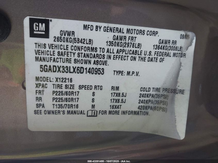 2006 Buick Terraza Cxl VIN: 5GADX33LX6D140953 Lot: 43391499