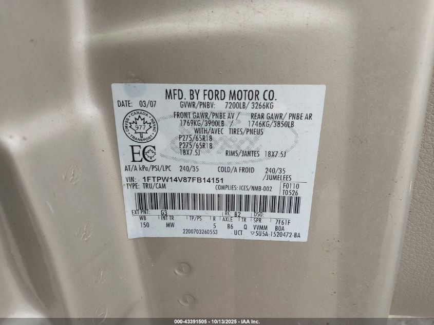 2007 Ford F-150 Fx4/Lariat/Xlt VIN: 1FTPW14V87FB14151 Lot: 43391505