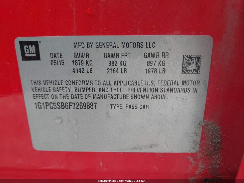 2015 Chevrolet Cruze 1Lt Auto VIN: 1G1PC5SB6F7269887 Lot: 43391507
