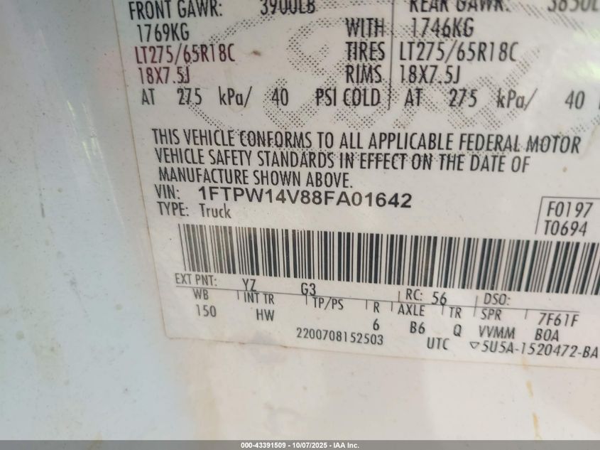 2008 Ford F-150 60Th Anniversary/Fx4/King Ranch/Lariat/Xlt VIN: 1FTPW14V88FA01642 Lot: 43391509