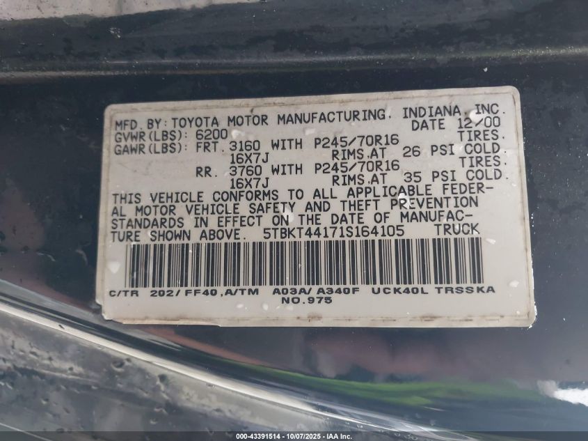 2001 Toyota Tundra Sr5 V8 VIN: 5TBKT44171S164105 Lot: 43391514