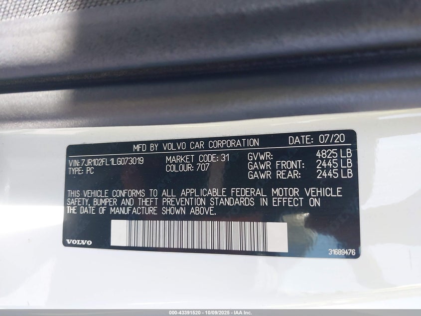 2020 VOLVO S60 T5 INSCRIPTION 7JR102FL1LG073019