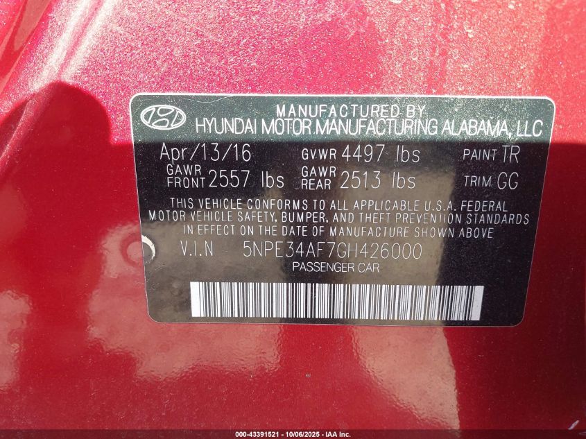 2016 Hyundai Sonata Sport VIN: 5NPE34AF7GH426000 Lot: 43391521