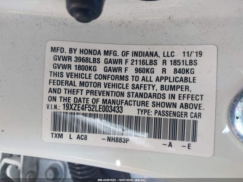 2020 Honda Insight Ex VIN: 19XZE4F52LE003433 Lot: 43391523