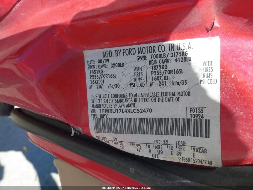 1999 Ford Expedition Eddie Bauer/Xlt VIN: 1FMRU17L4XLC52470 Lot: 43391527