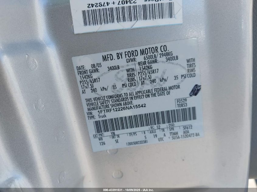 2006 Ford F-150 Stx/Xl/Xlt VIN: 1FTRF12226NA15542 Lot: 43391531