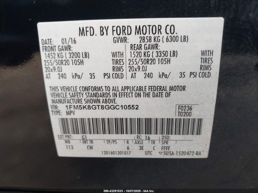 2016 Ford Explorer Sport VIN: 1FM5K8GT8GGC10552 Lot: 43391533