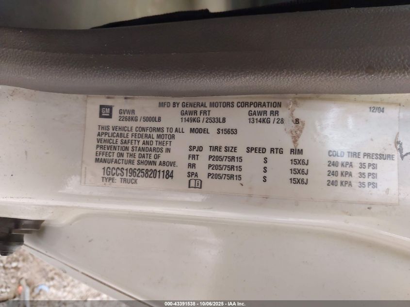 2005 Chevrolet Colorado Fleet VIN: 1GCCS196258201184 Lot: 43391538