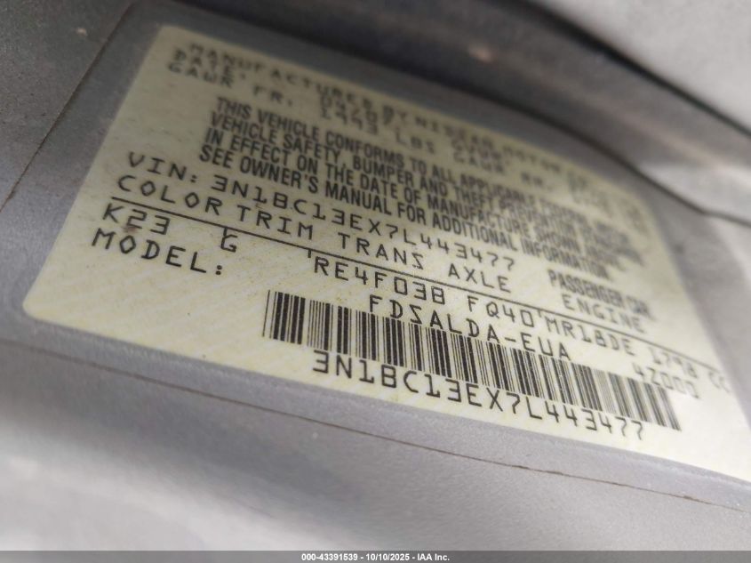 2007 Nissan Versa 1.8S VIN: 3N1BC13EX7L443477 Lot: 43391539