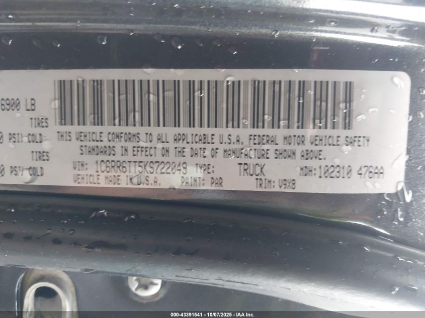 2019 Ram 1500 Classic Slt 4X2 6'4 Box VIN: 1C6RR6TT5KS722049 Lot: 43391541