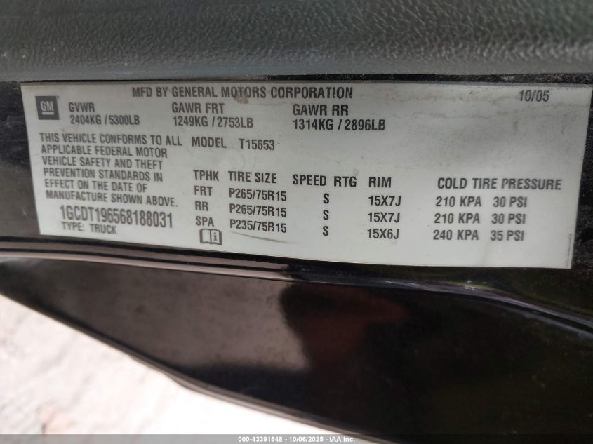 2006 Chevrolet Colorado Lt VIN: 1GCDT196568188031 Lot: 43391548